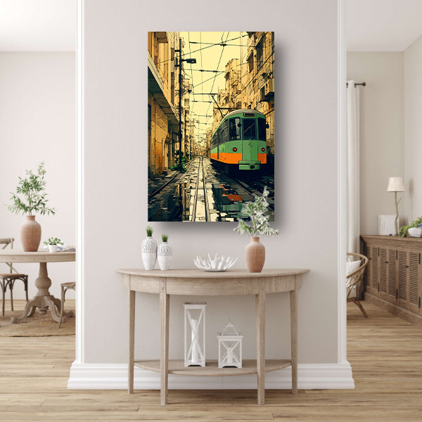 Groene tram in de stad canvas