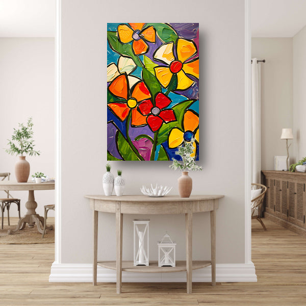 Kleurrijke en abstracte bloemenschilderij met dynamische uitstraling canvas