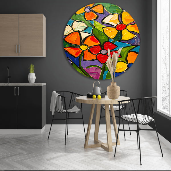 Kleurrijke en abstracte bloemenschilderij met dynamische uitstraling forex muurcirkel