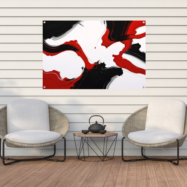 Contrastrijke abstractie in rood en zwart tuinposter