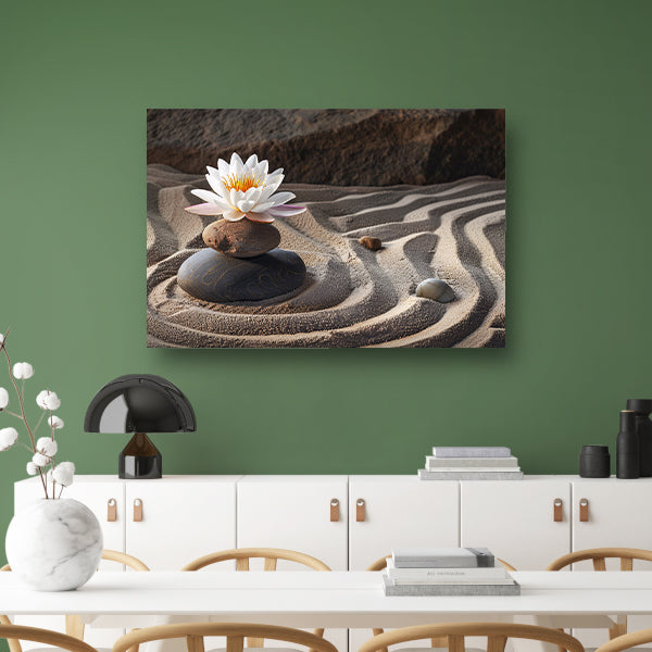 Zen-bloem op stenen in een zandtuin poster