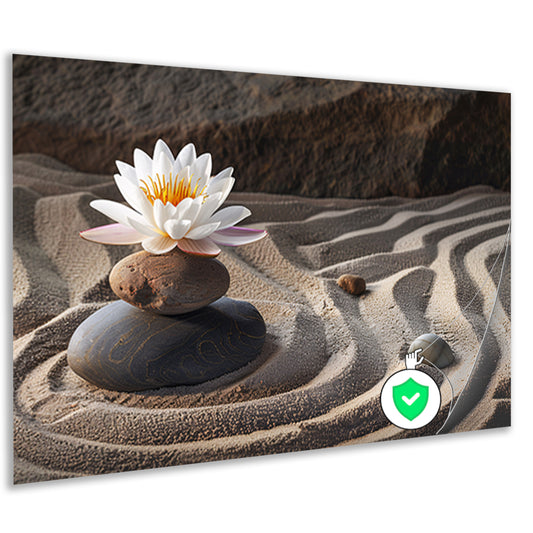 Zen-bloem op stenen in een zandtuin poster