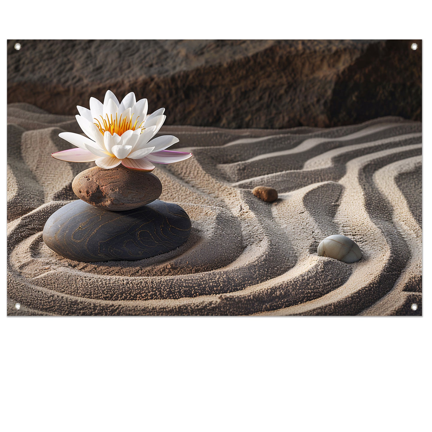Zen-bloem op stenen in een zandtuin tuinposter