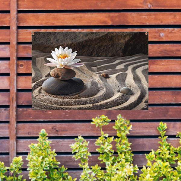 Zen-bloem op stenen in een zandtuin tuinposter