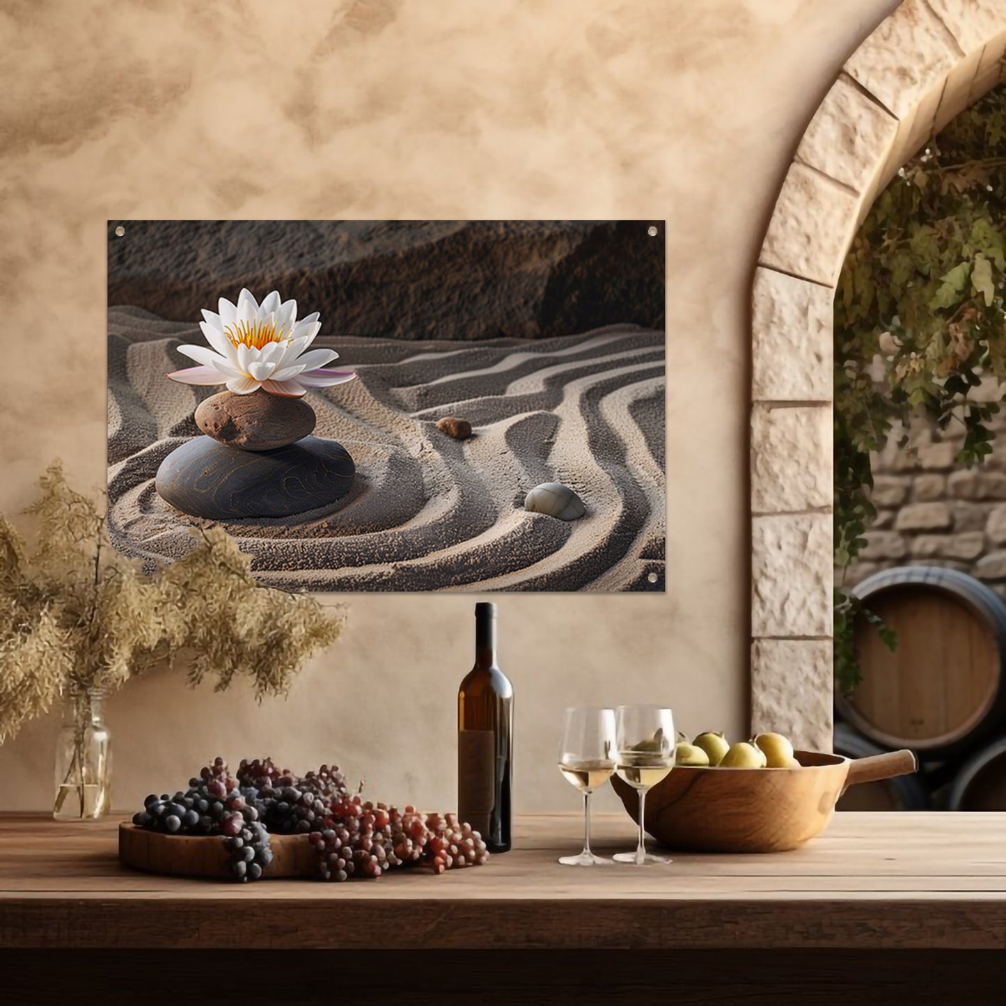 Zen-bloem op stenen in een zandtuin tuinposter