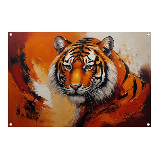 Oranjerood Schilderij van een Majestueuze Tijger tuinposter