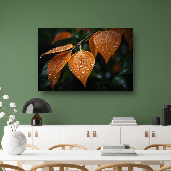 Dauwdruppels op Oranje Zomerbladeren canvas met baklijst