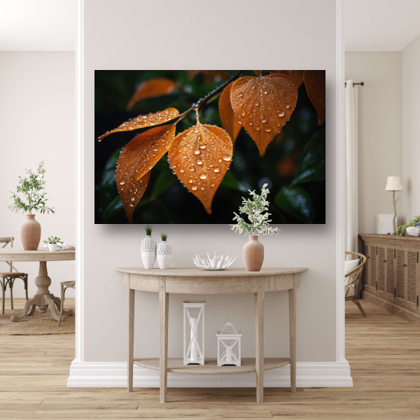 Dauwdruppels op Oranje Zomerbladeren canvas met baklijst