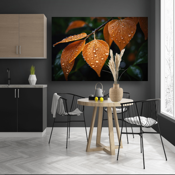 Dauwdruppels op Oranje Zomerbladeren canvas met baklijst
