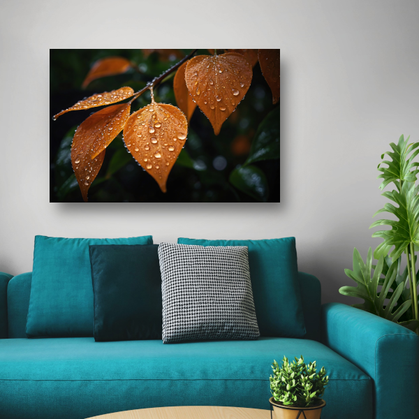 Dauwdruppels op Oranje Zomerbladeren canvas met baklijst