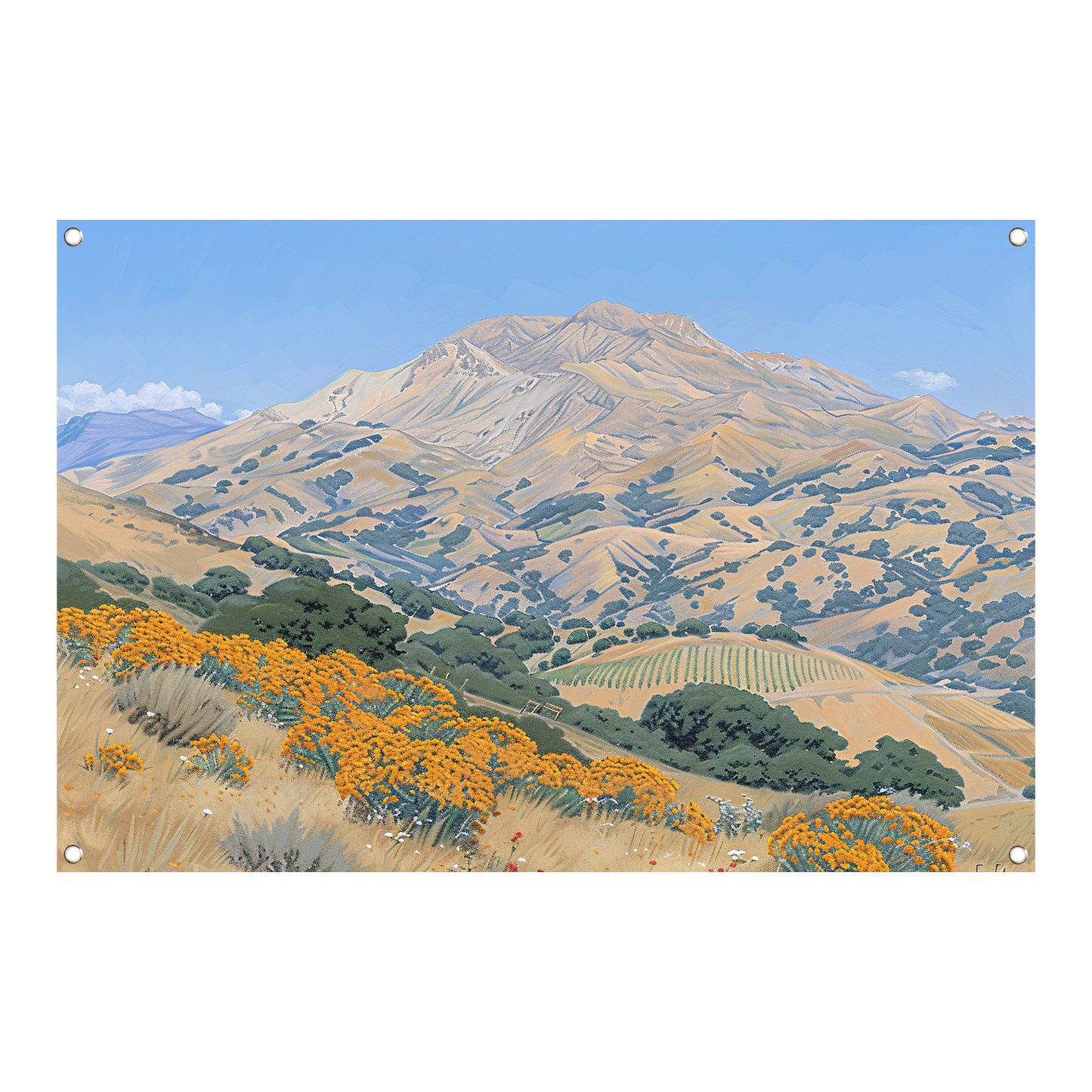 Heuvelachtig landschap met bloemen en berg tuinposter