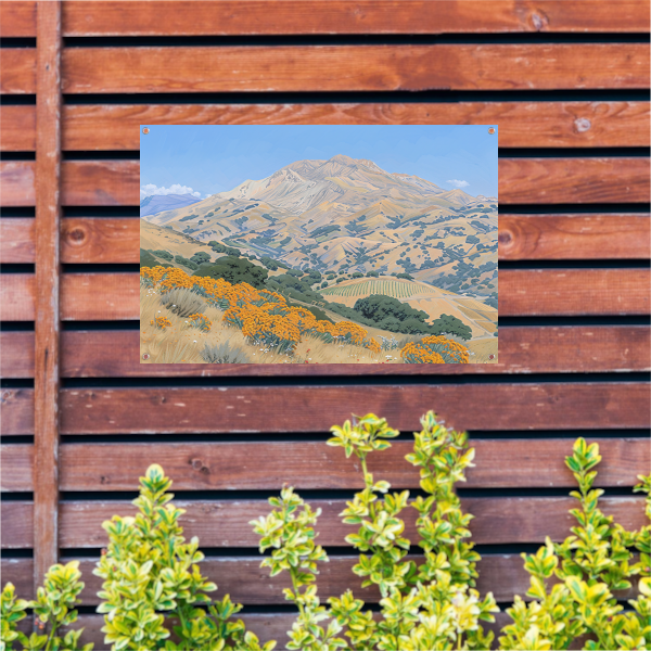 Heuvelachtig landschap met bloemen en berg tuinposter