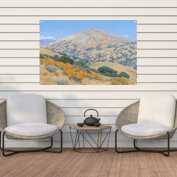 Heuvelachtig landschap met bloemen en berg tuinposter