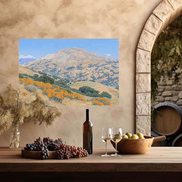 Heuvelachtig landschap met bloemen en berg tuinposter