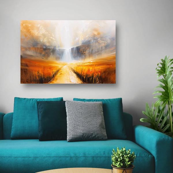 Abstract landschap met waterval en pad poster