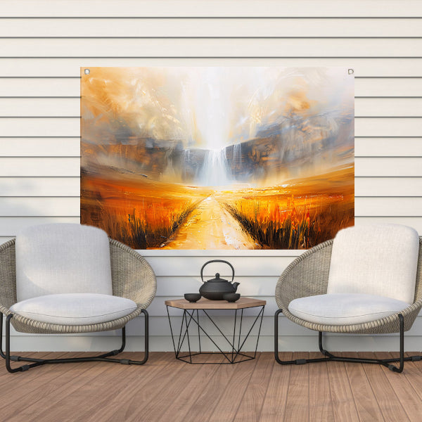 Abstract landschap met waterval en pad tuinposter