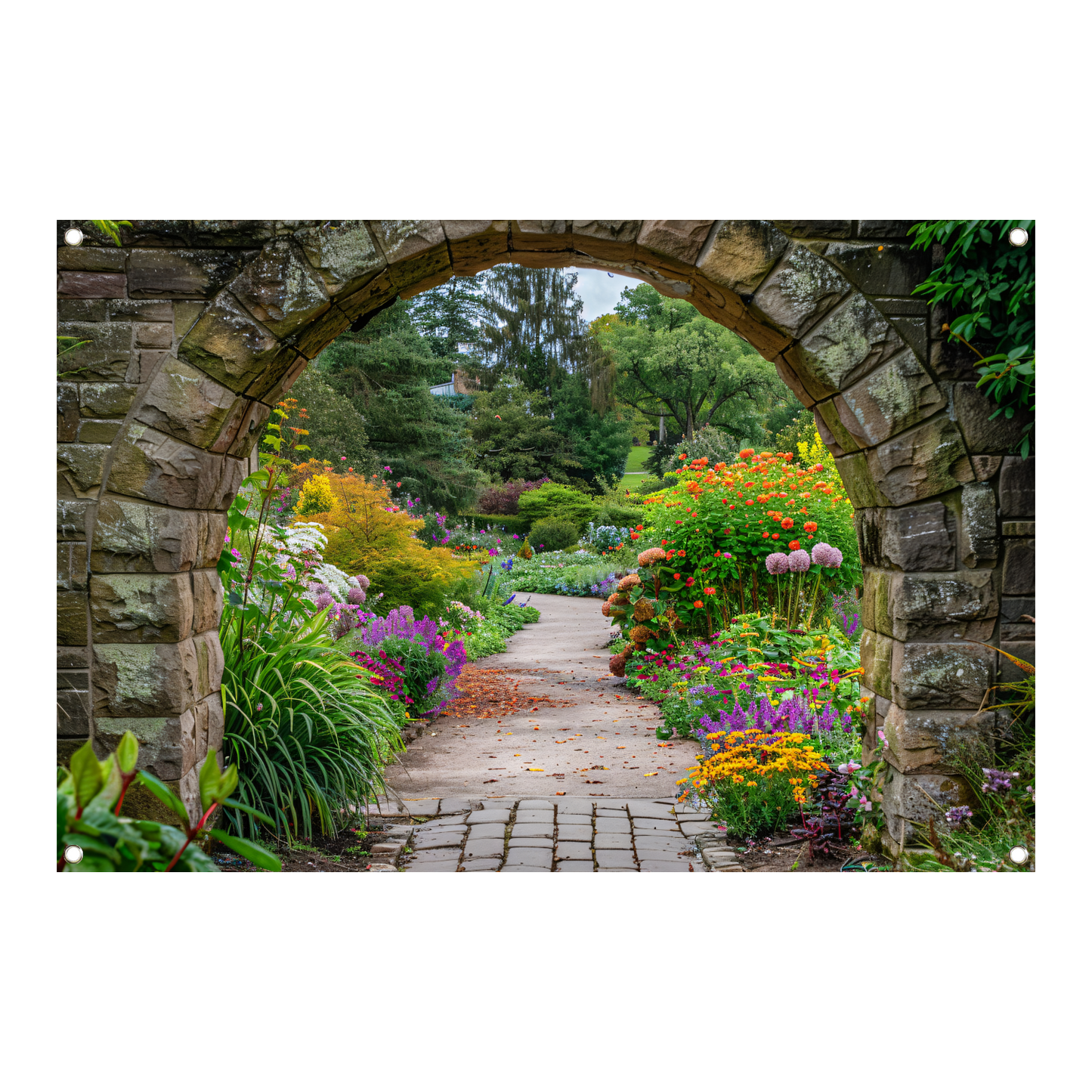 Kleurrijke Tuin door Stenen Boog tuinposter
