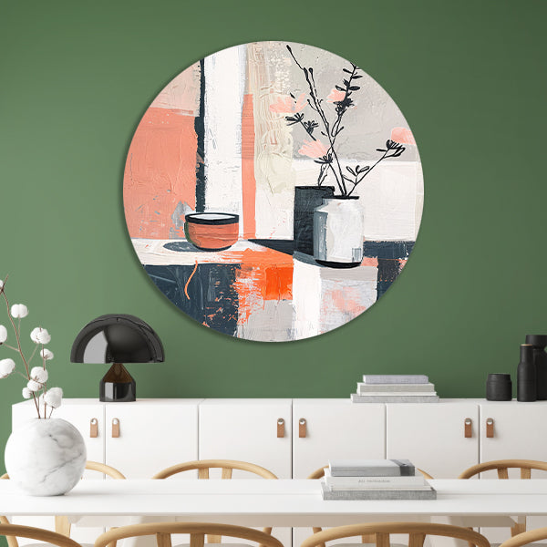 Abstract modern stilleven met bloemen in vaas aluminium muurcirkel