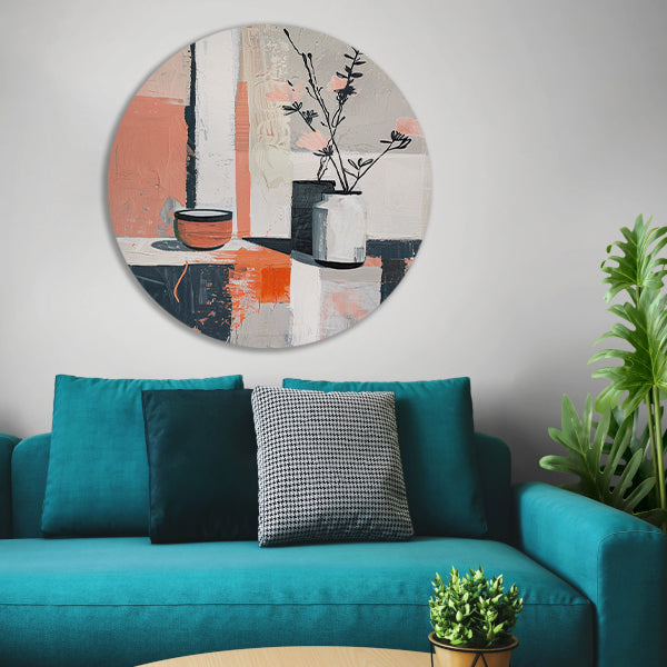 Abstract modern stilleven met bloemen in vaas aluminium muurcirkel