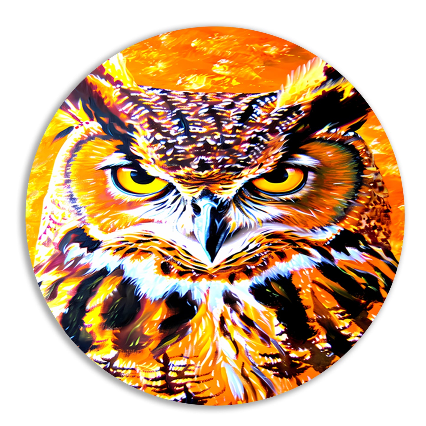 Psychedelische kleurrijke uil schilderij aluminium muurcirkel