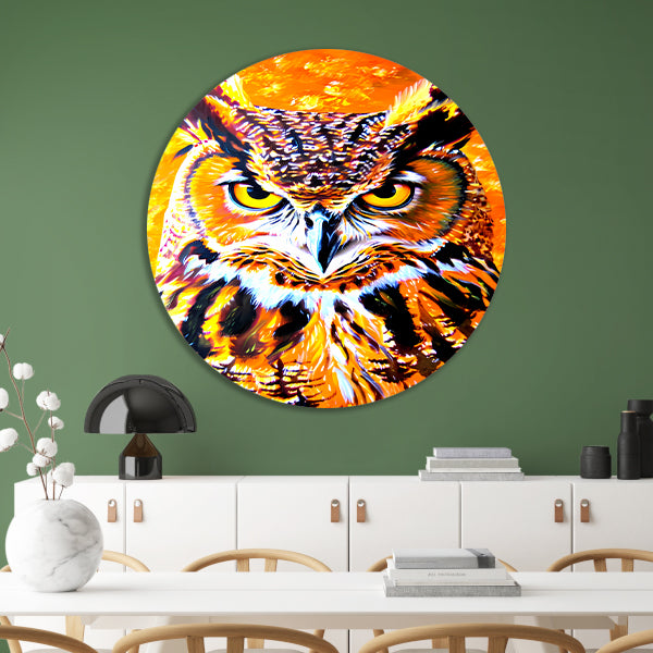 Psychedelische kleurrijke uil schilderij aluminium muurcirkel