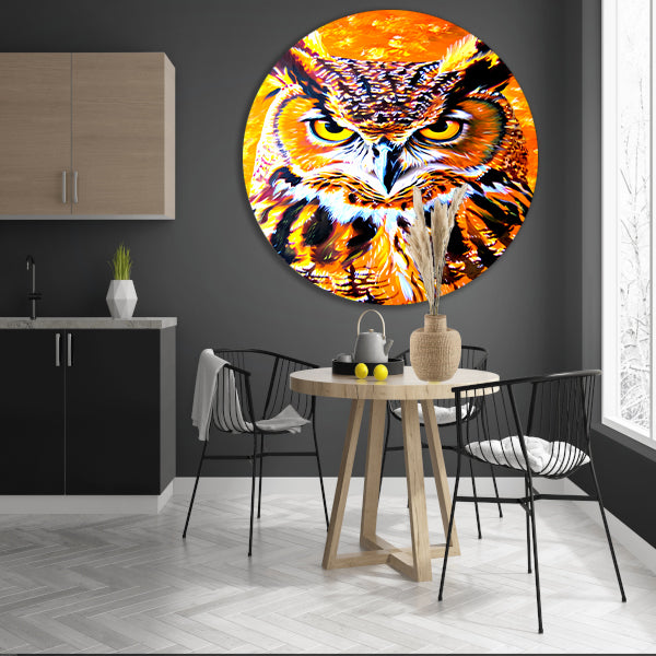 Psychedelische kleurrijke uil schilderij aluminium muurcirkel