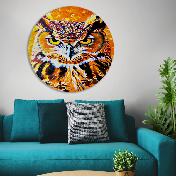 Psychedelische kleurrijke uil schilderij aluminium muurcirkel