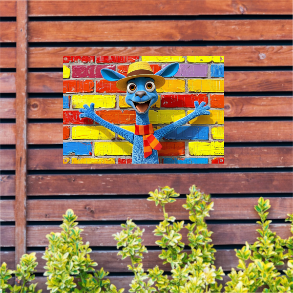 Blije blauwe kangoeroe voor kleurrijke muur tuinposter