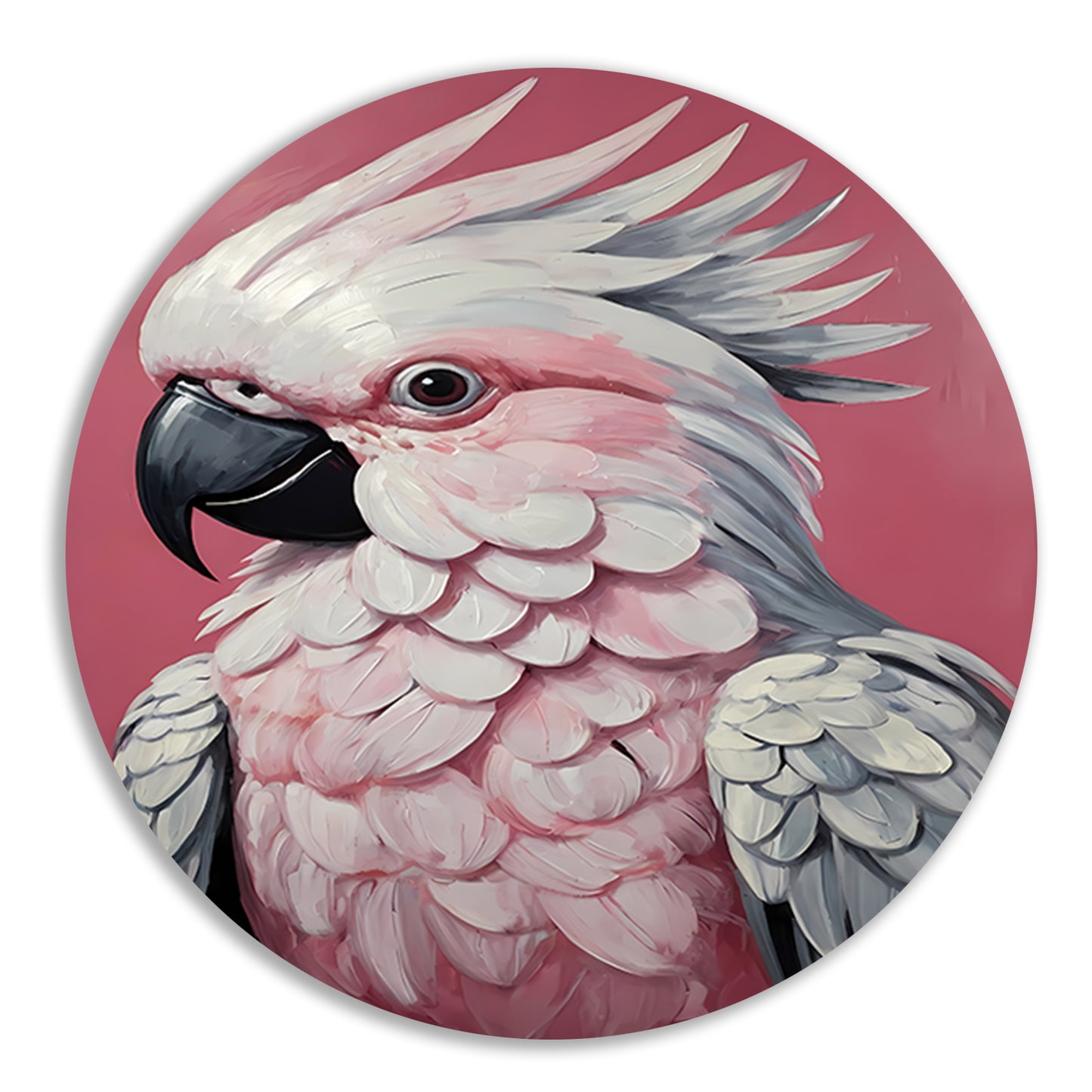 Roze papegaai modern realistisch olieverfportret aluminium muurcirkel
