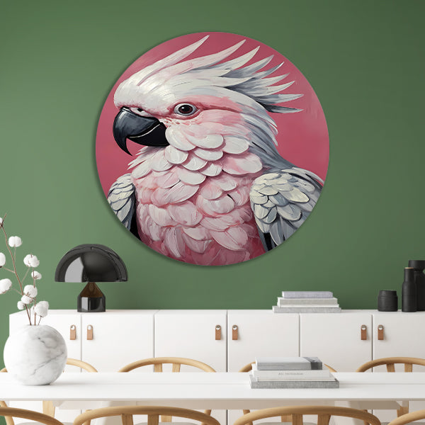 Roze papegaai modern realistisch olieverfportret aluminium muurcirkel