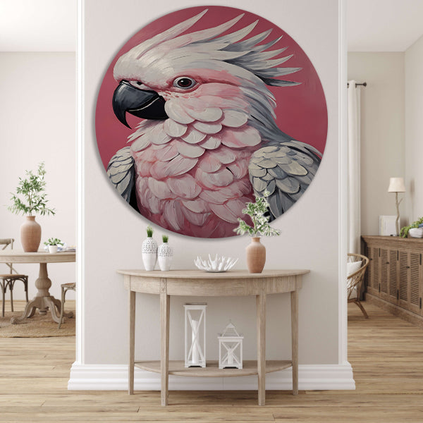 Roze papegaai modern realistisch olieverfportret aluminium muurcirkel