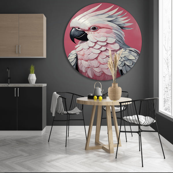 Roze papegaai modern realistisch olieverfportret aluminium muurcirkel