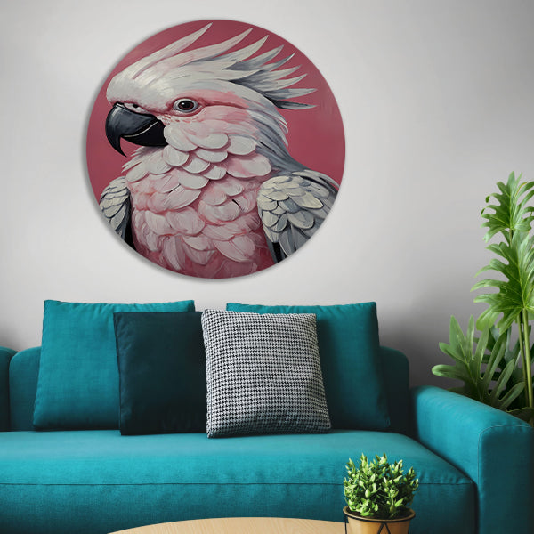 Roze papegaai modern realistisch olieverfportret aluminium muurcirkel