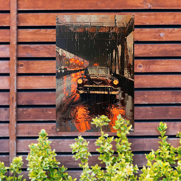 Regenachtige avond met klassieke auto onder brug tuinposter