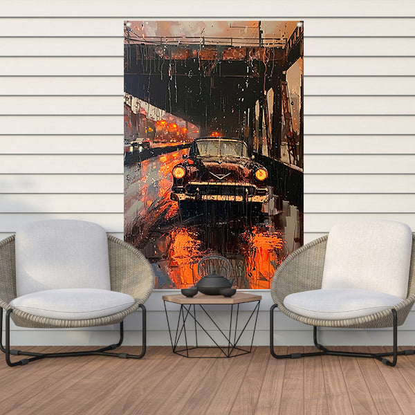 Regenachtige avond met klassieke auto onder brug tuinposter