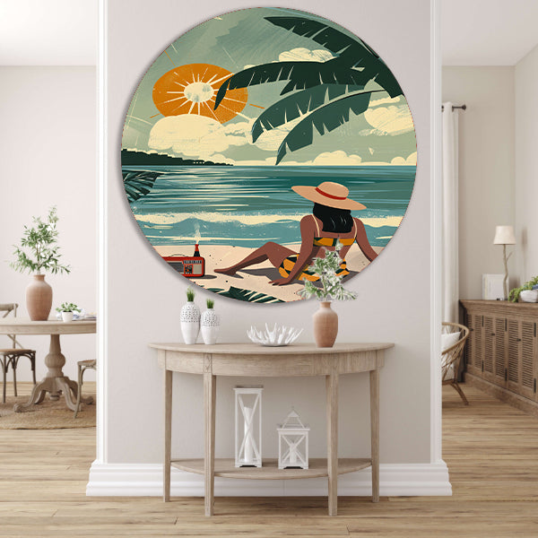Vrouw genietend van de zon op het strand aluminium muurcirkel