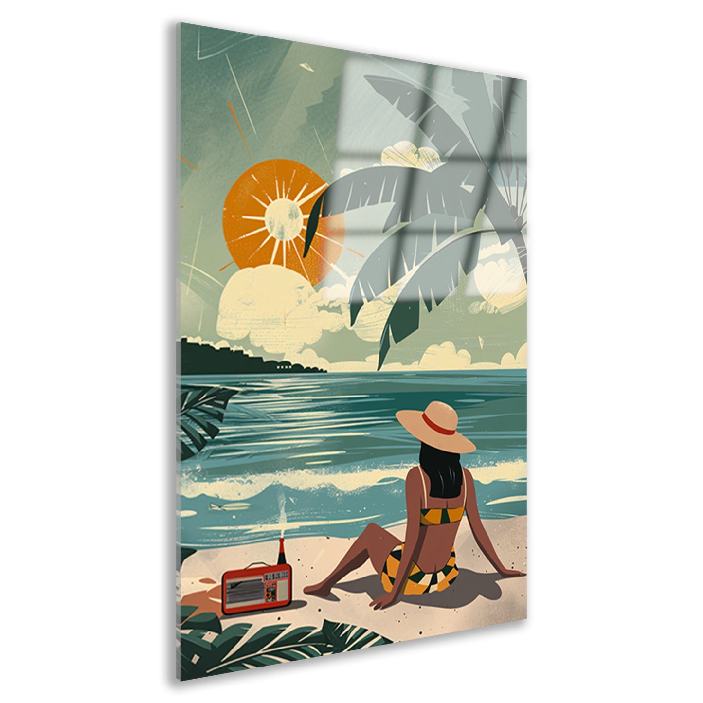 Vrouw genietend van de zon op het strand acrylglas