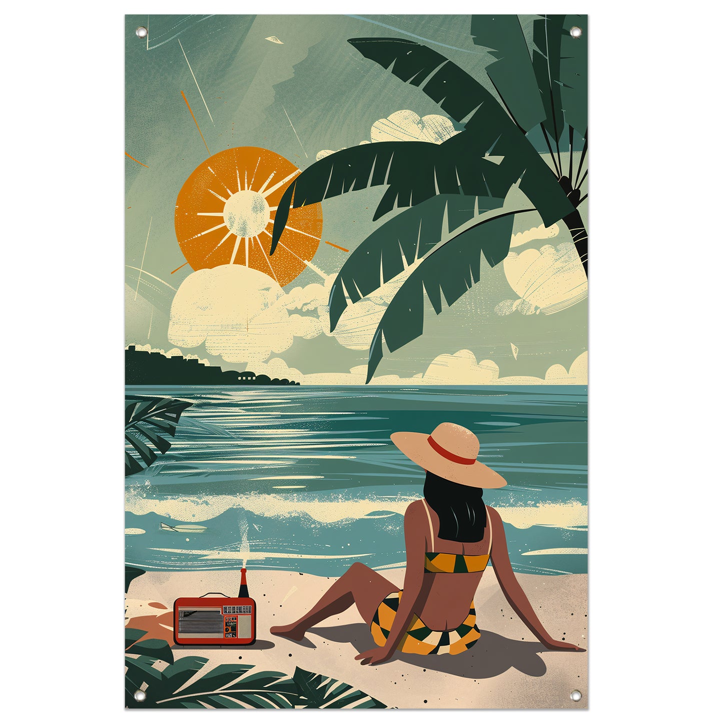 Vrouw genietend van de zon op het strand tuinposter