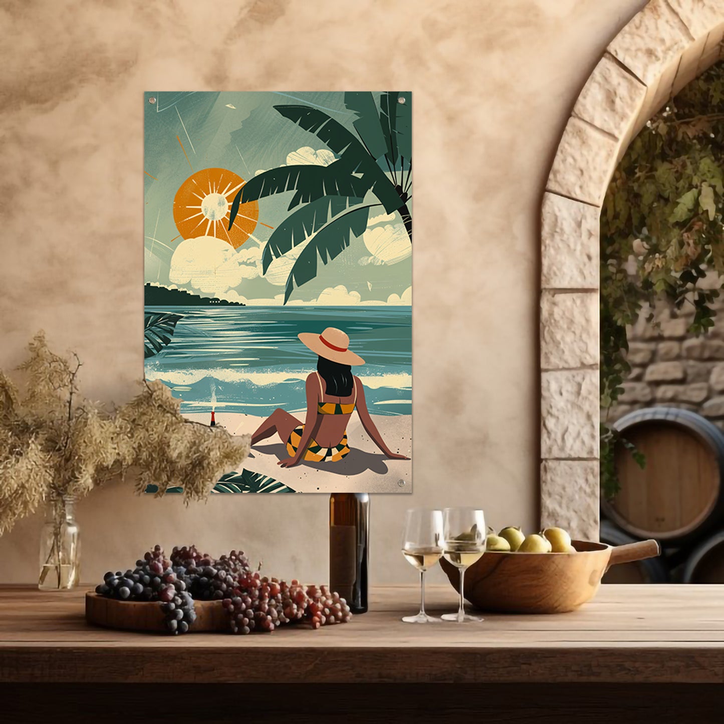 Vrouw genietend van de zon op het strand tuinposter