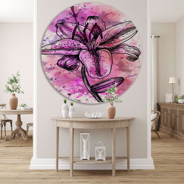 Abstracte bloem in levendige roze tinten aluminium muurcirkel