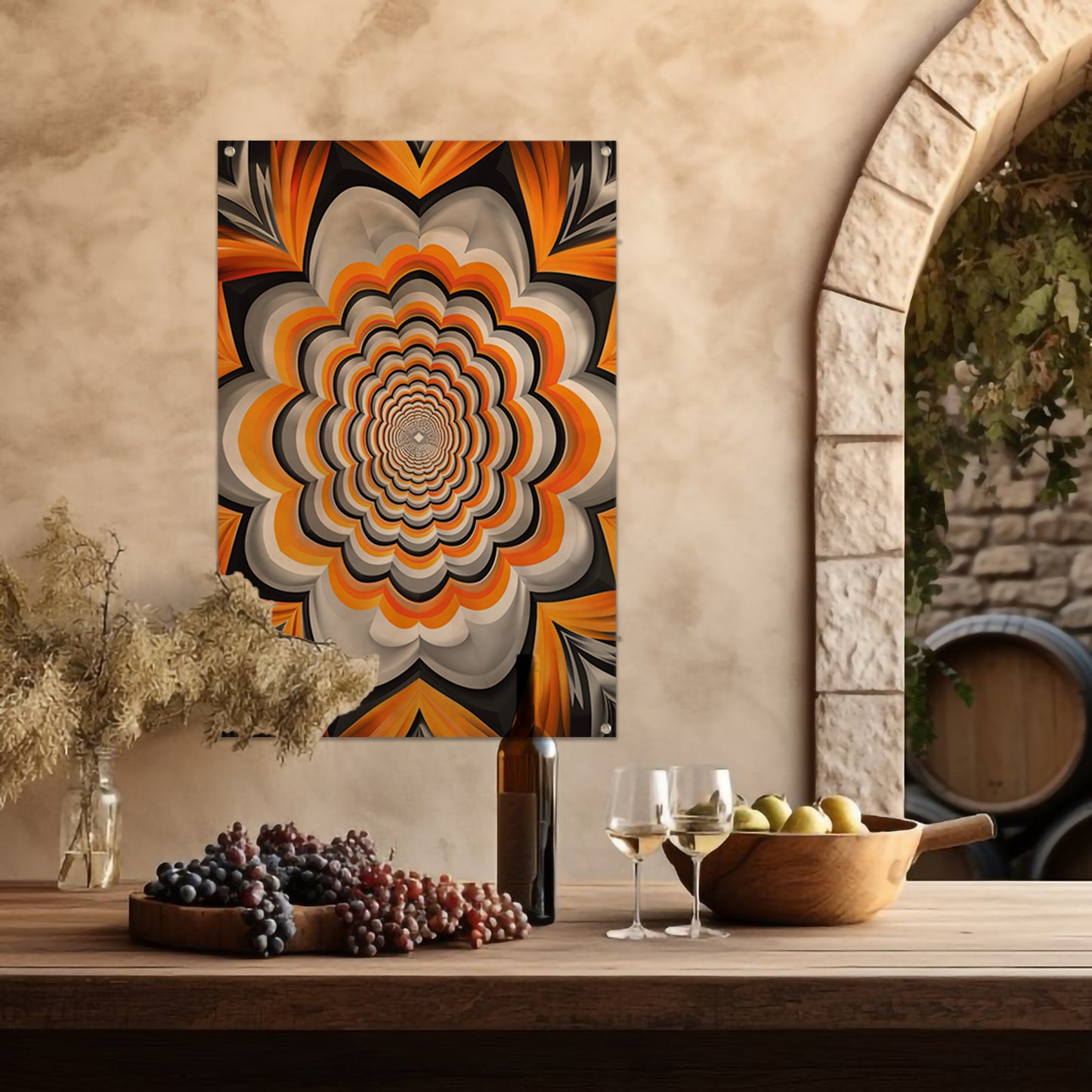 Abstract Oranje Bloem Tunnel Illusie tuinposter