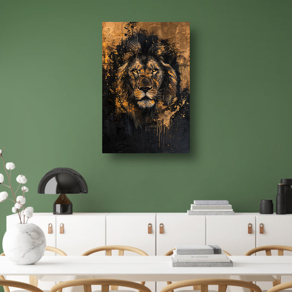 Mysterieuze leeuw met gouden spetters canvas met baklijst