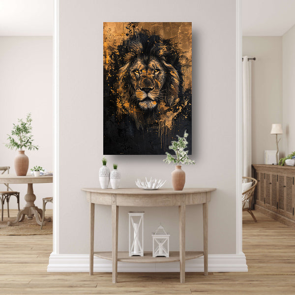 Mysterieuze leeuw met gouden spetters canvas met baklijst