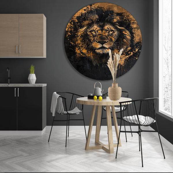 Mysterieuze leeuw met gouden spetters aluminium muurcirkel
