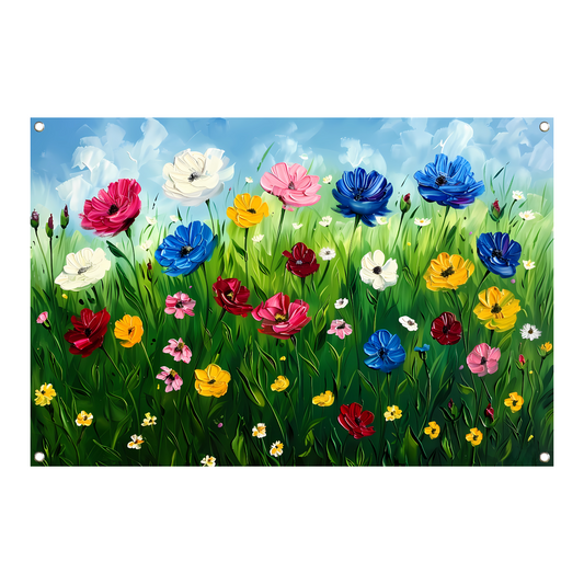 Kleurrijk bloemenveld onder een blauwe lucht tuinposter