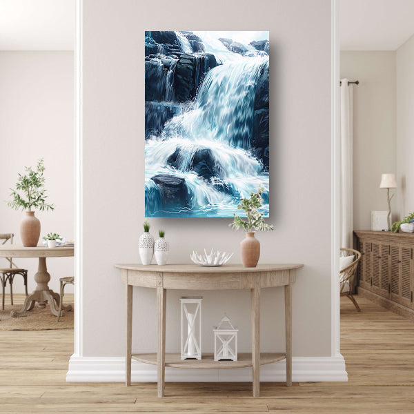 Levendige waterval schilderij met blauwe en groene tinten acrylglas