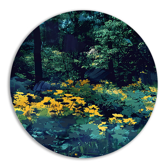 Digitale kunst van een weelderige bloementuin aluminium muurcirkel