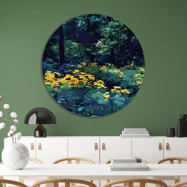 Digitale kunst van een weelderige bloementuin aluminium muurcirkel