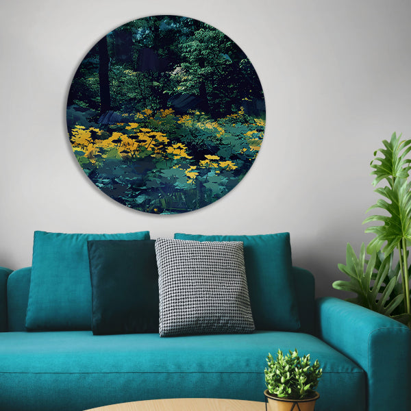 Digitale kunst van een weelderige bloementuin aluminium muurcirkel