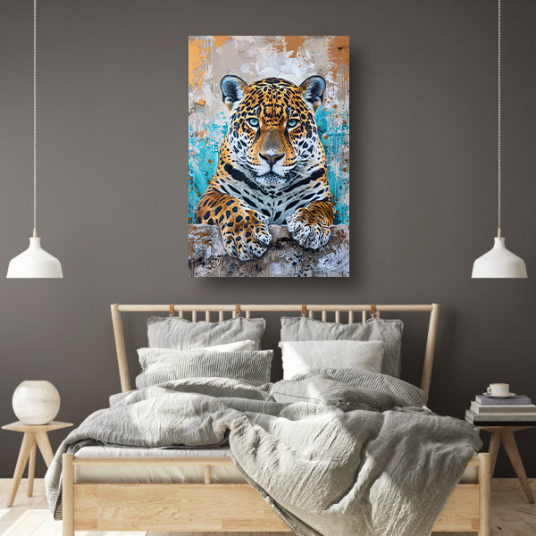 Surrealistisch schilderij van een jaguar met kleurrijke achtergrond acrylglas